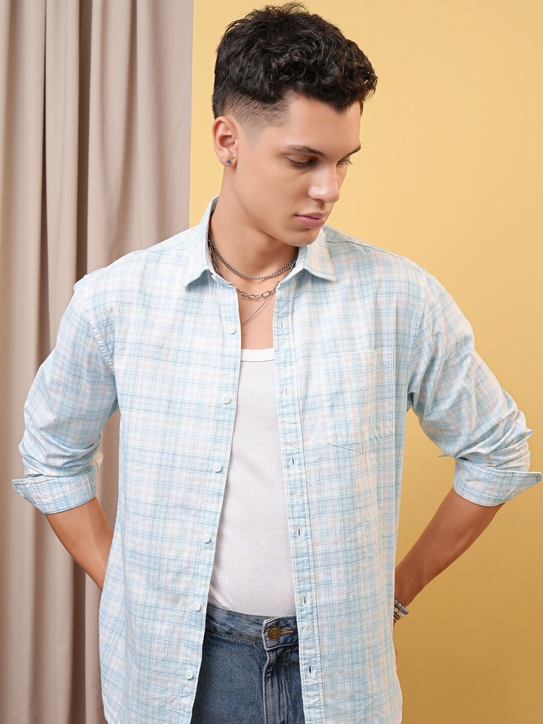 LOCOMOTIVE Premium Checked Cotton Relaxed Shirt, White