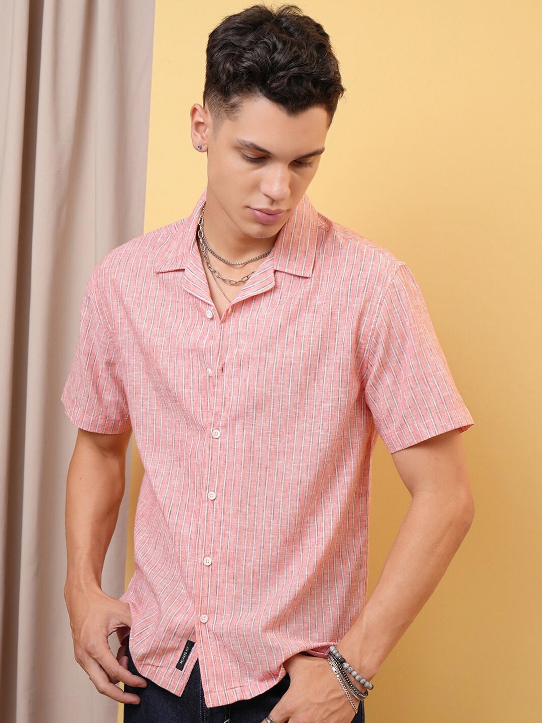 

LOCOMOTIVE Premium Striped Cuban Collar Relaxed Shirt, Coral