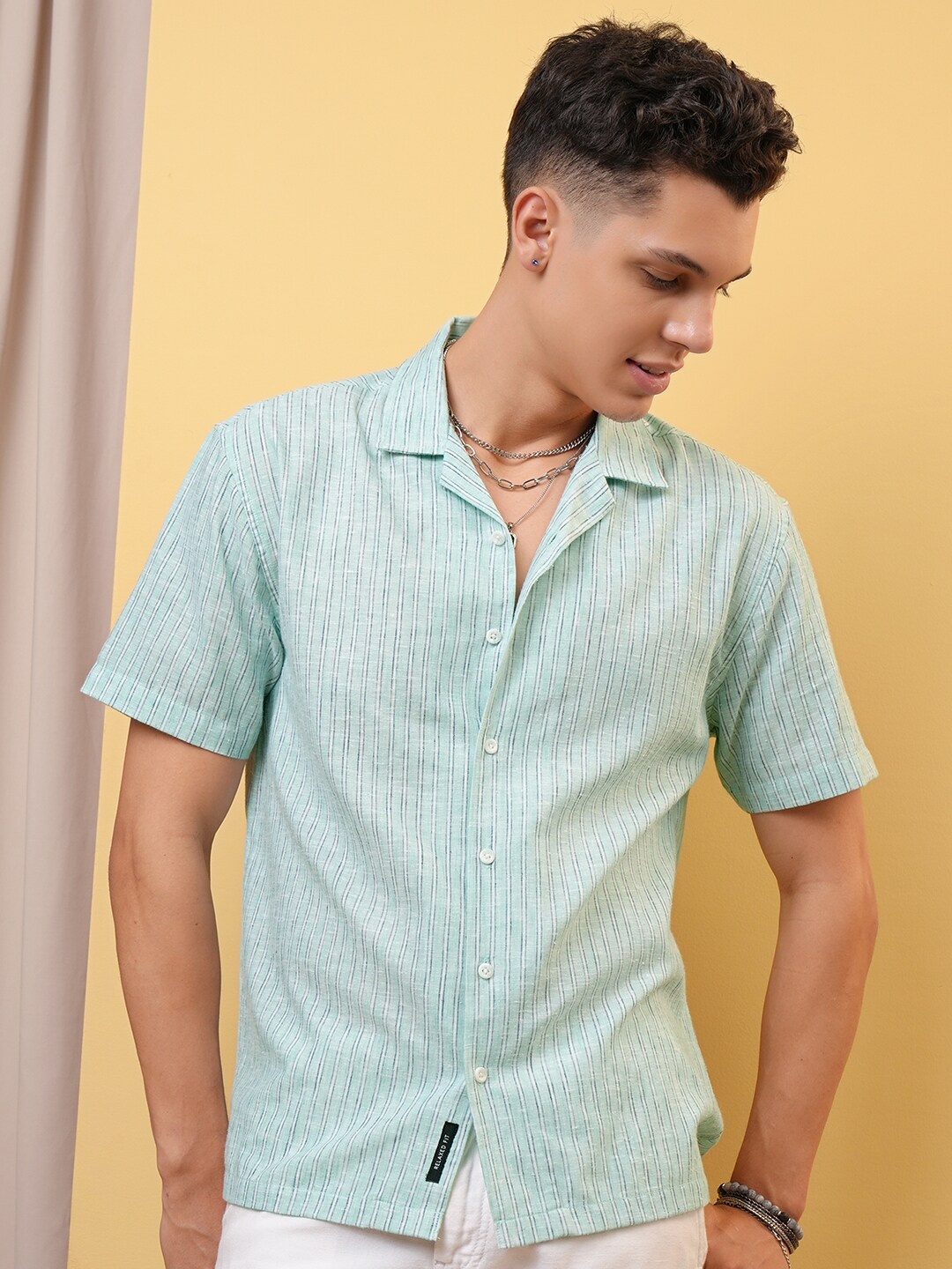 LOCOMOTIVE Premium Striped Cuban Collar Relaxed Shirt, Green