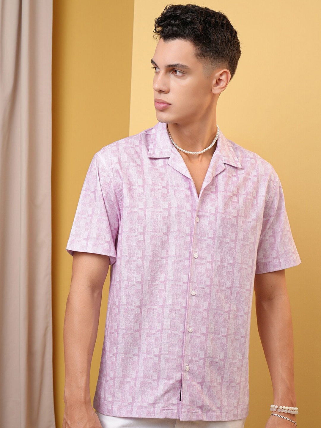 

LOCOMOTIVE Premium Pink Abstract Printed Cuban Collar Cotton Relaxed Shirt