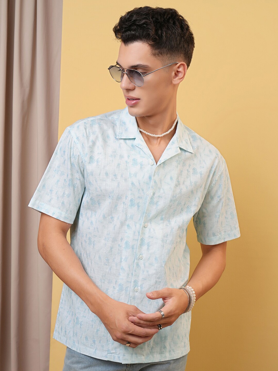 

LOCOMOTIVE Premium Printed Cuban Collar Cotton Relaxed Shirt, Blue