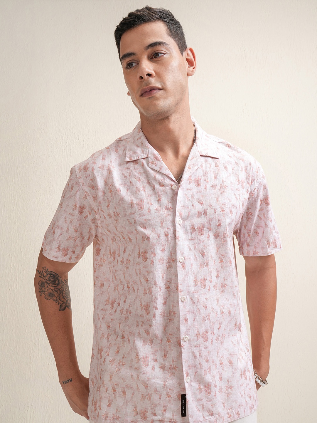 

LOCOMOTIVE Premium Printed Cuban Collar Cotton Relaxed Shirt, Orange
