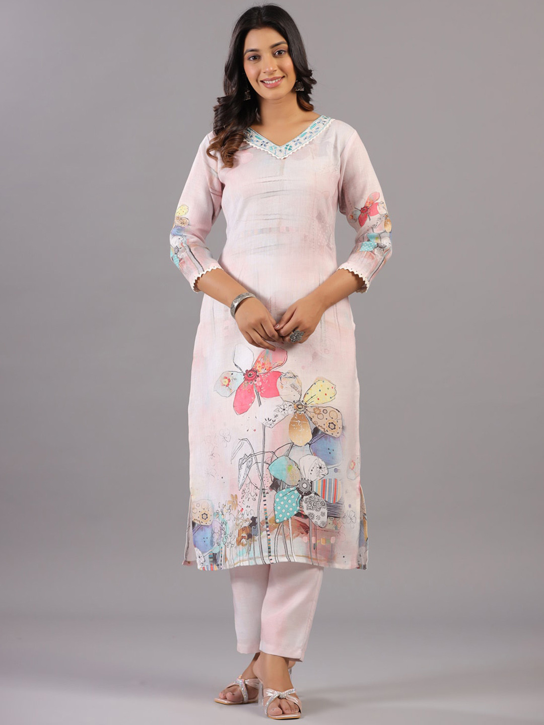 

Amchoor Floral Printed Pure Cotton Thread Work Straight Kurta With Trousers & Dupatta, Cream