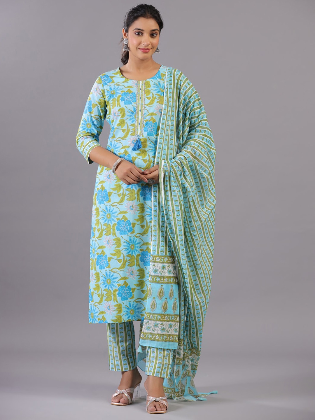 

Amchoor Floral Printed Pure Cotton Thread Work Straight Kurta With Trousers & Dupatta, Blue
