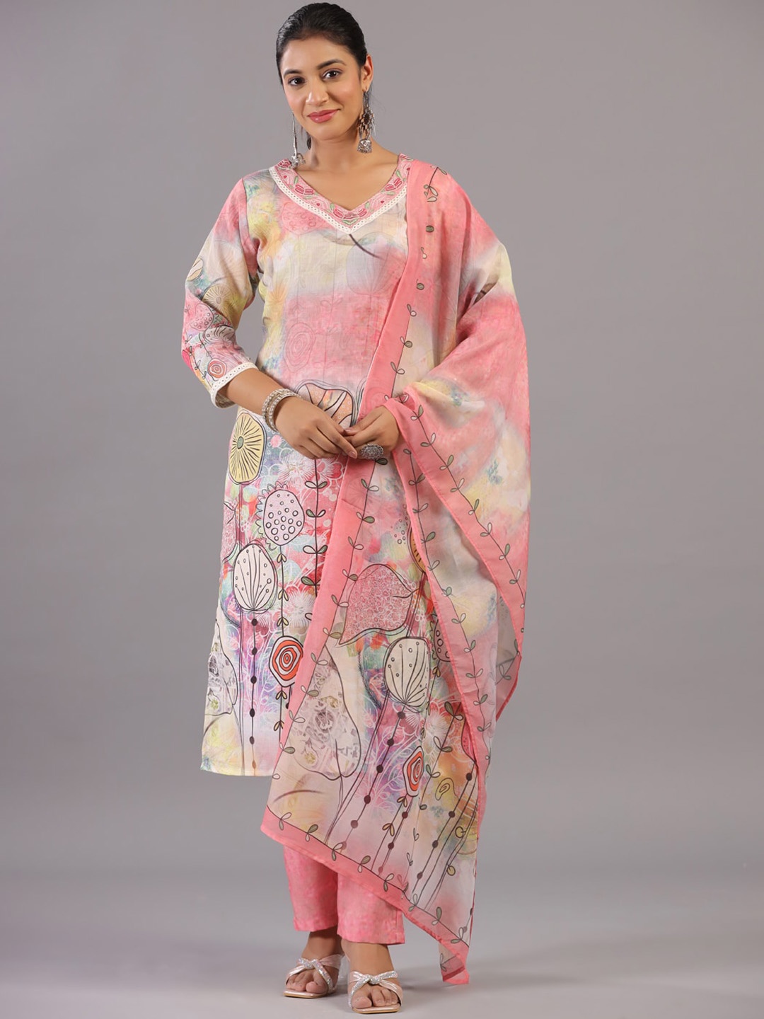 

Amchoor Floral Printed V-Neck Lace Work Straight Kurta With Trousers & Dupatta, Peach