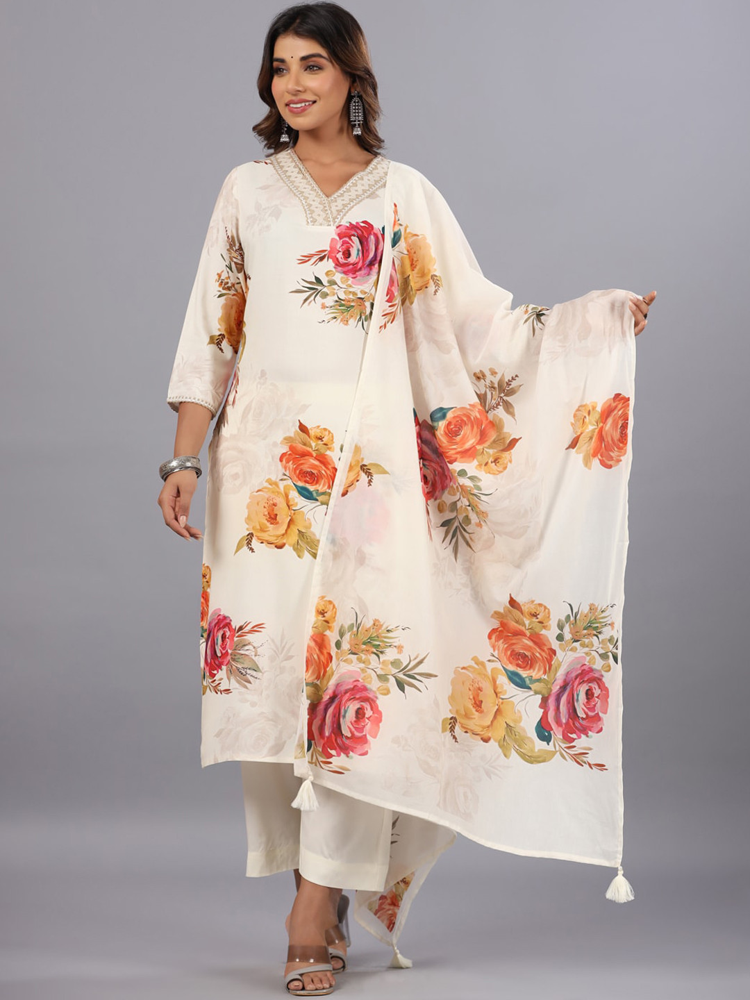 

Amchoor Floral Printed Pure Cotton Thread Work Straight Kurta With Trousers & Dupatta, Cream