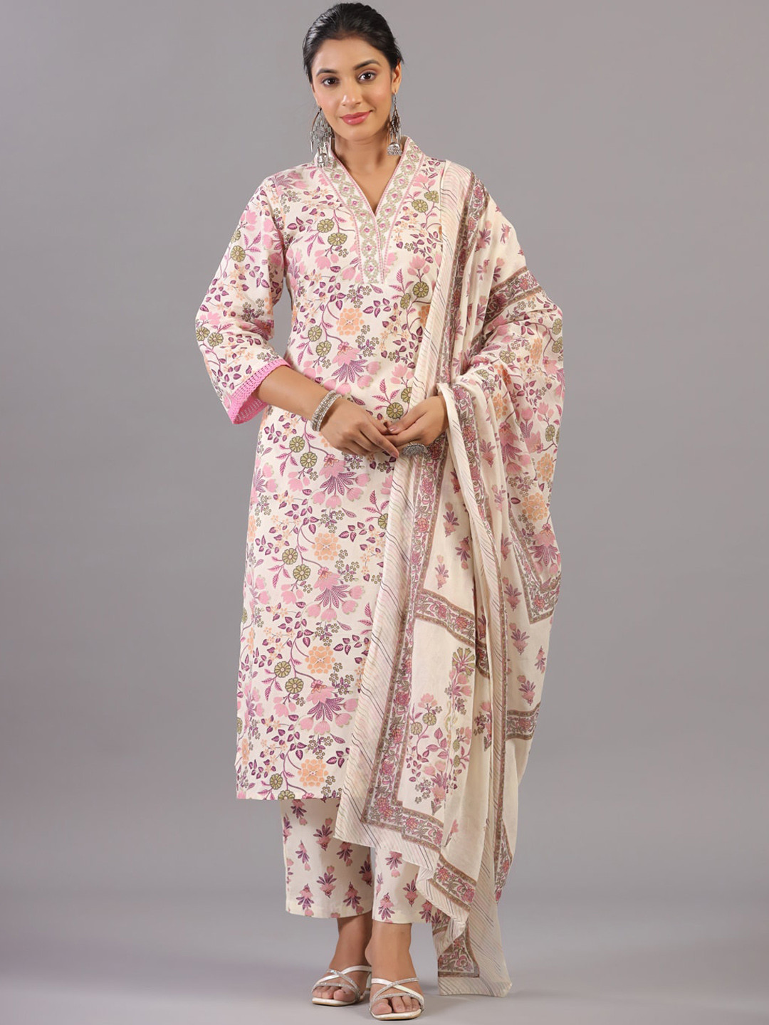 

Amchoor Floral Printed Pure Cotton Mirror Work Straight Kurta With Trousers & Dupatta, Purple