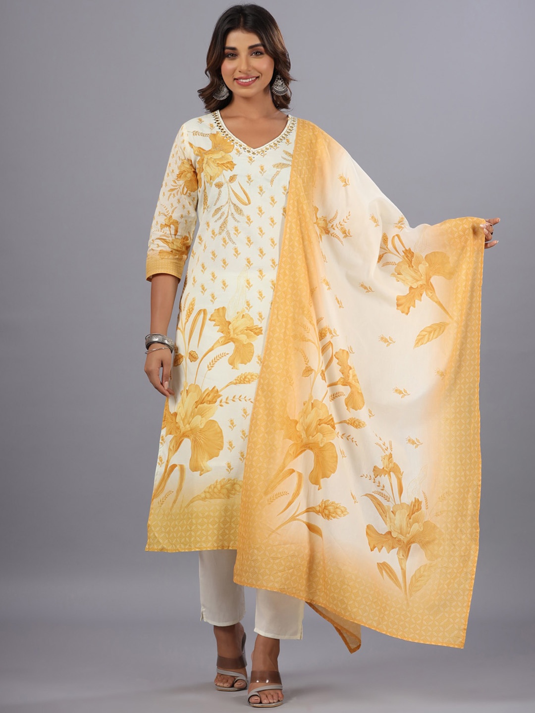 

Amchoor Floral Printed Pure Cotton Mirror Work Straight Kurta With Trousers & Dupatta, Mustard