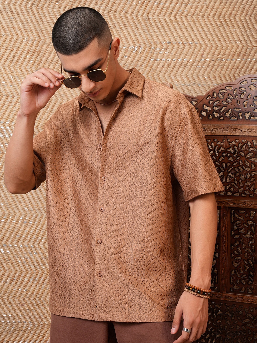 

HIGHLANDER Men Crochet Oversized Half Sleeve Shirt, Brown