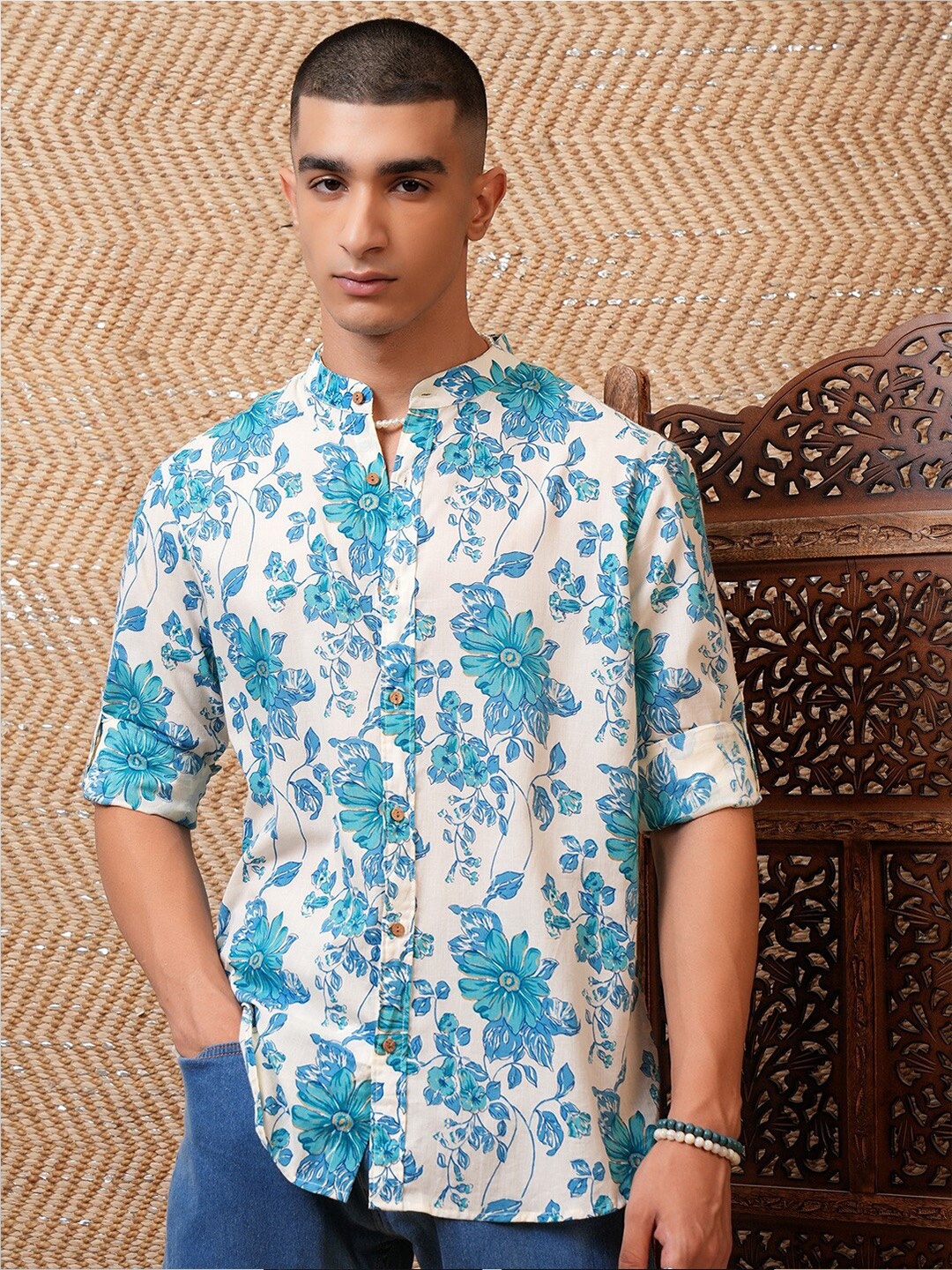 

HIGHLANDER Mandarin Collar Regular Fit Shirt, Blue