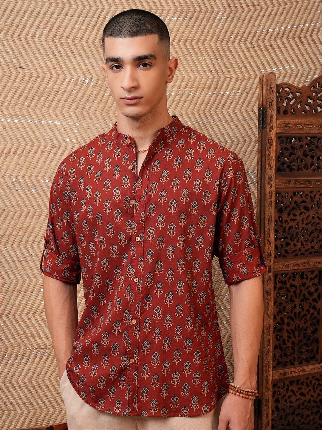 HIGHLANDER Mandarin Collar Slim Fit Cotton Floral Printed Casual Shirt, Rust