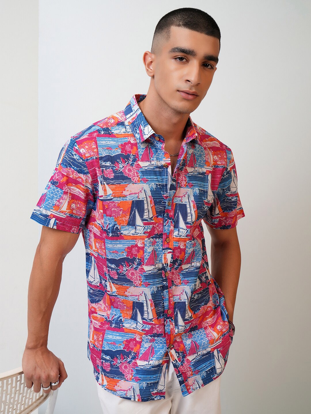 

HIGHLANDER Spread Collar Regular Fit Half Sleeve Shirt, Pink