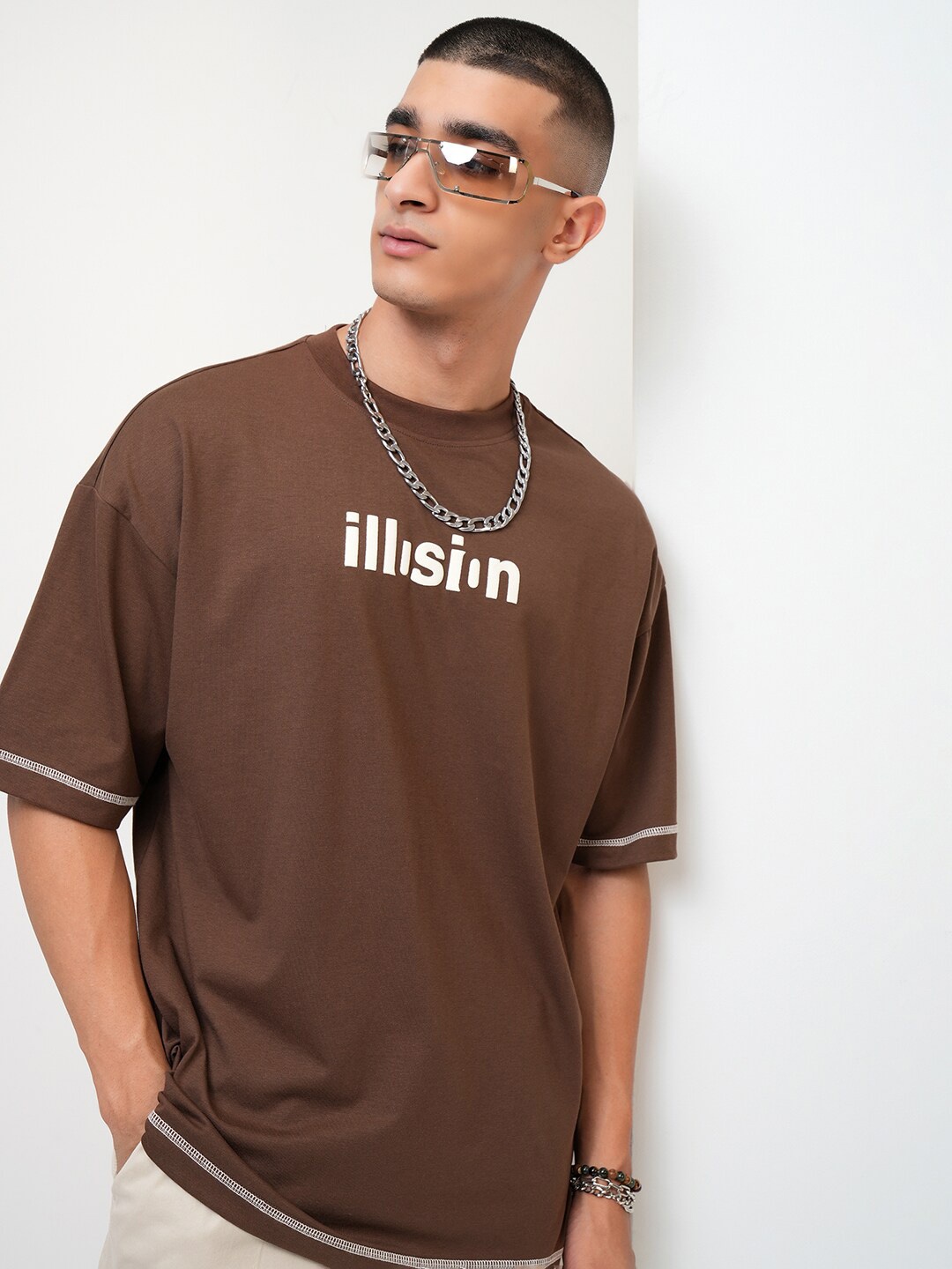 HIGHLANDER Typography Puff Printed Oversized T-shirt, Brown