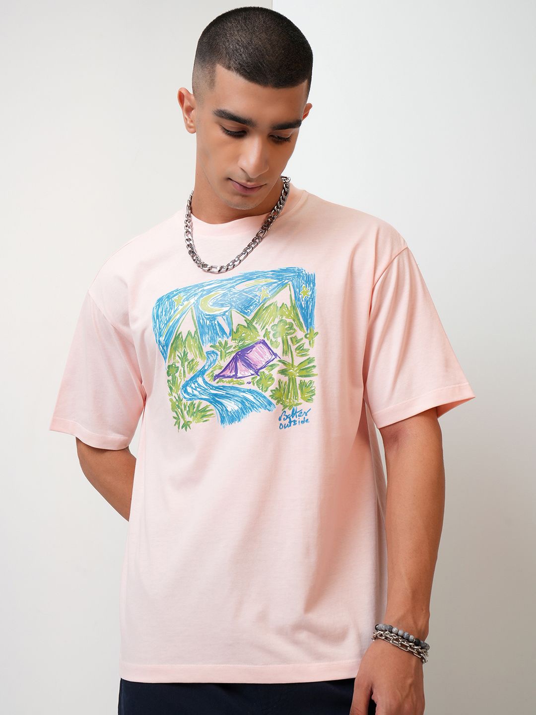 

HIGHLANDER Peach Coloured Graphic Printed Drop Shoulder Sleeves Relaxed Fit T-shirt