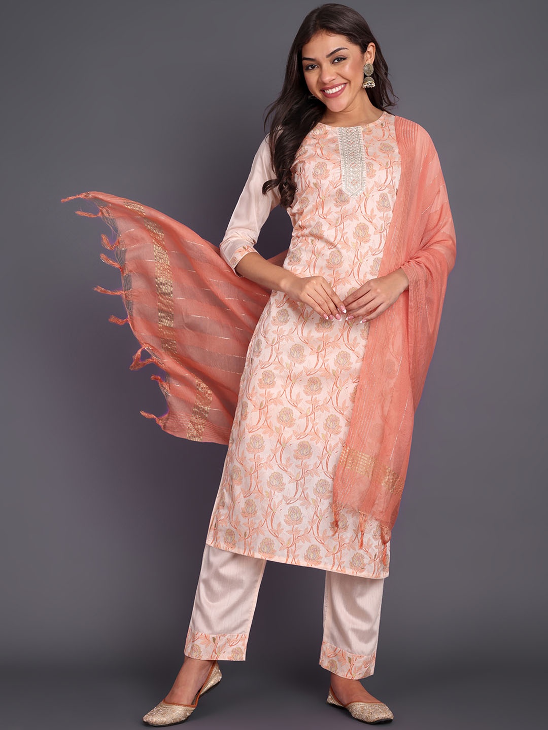 

DISHWA FASHION Embroidered Regular Chanderi Silk Straight Kurta with Trousers & Dupatta, Peach