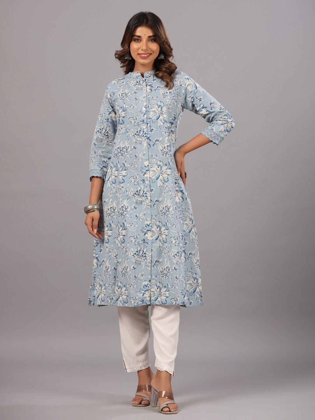 Amchoor Floral Printed Mandarin Collar Cotton Princess Cut Kurti, Blue