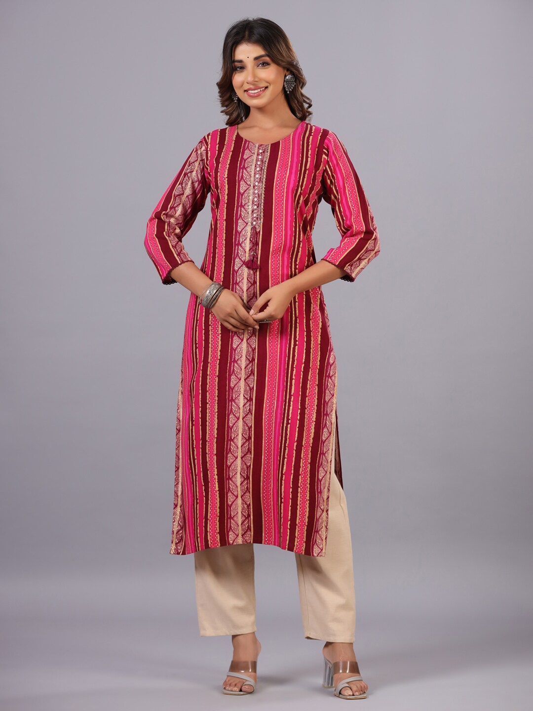 Amchoor Magenta Vertical Striped Round Neck Mirror Work Straight Kurta