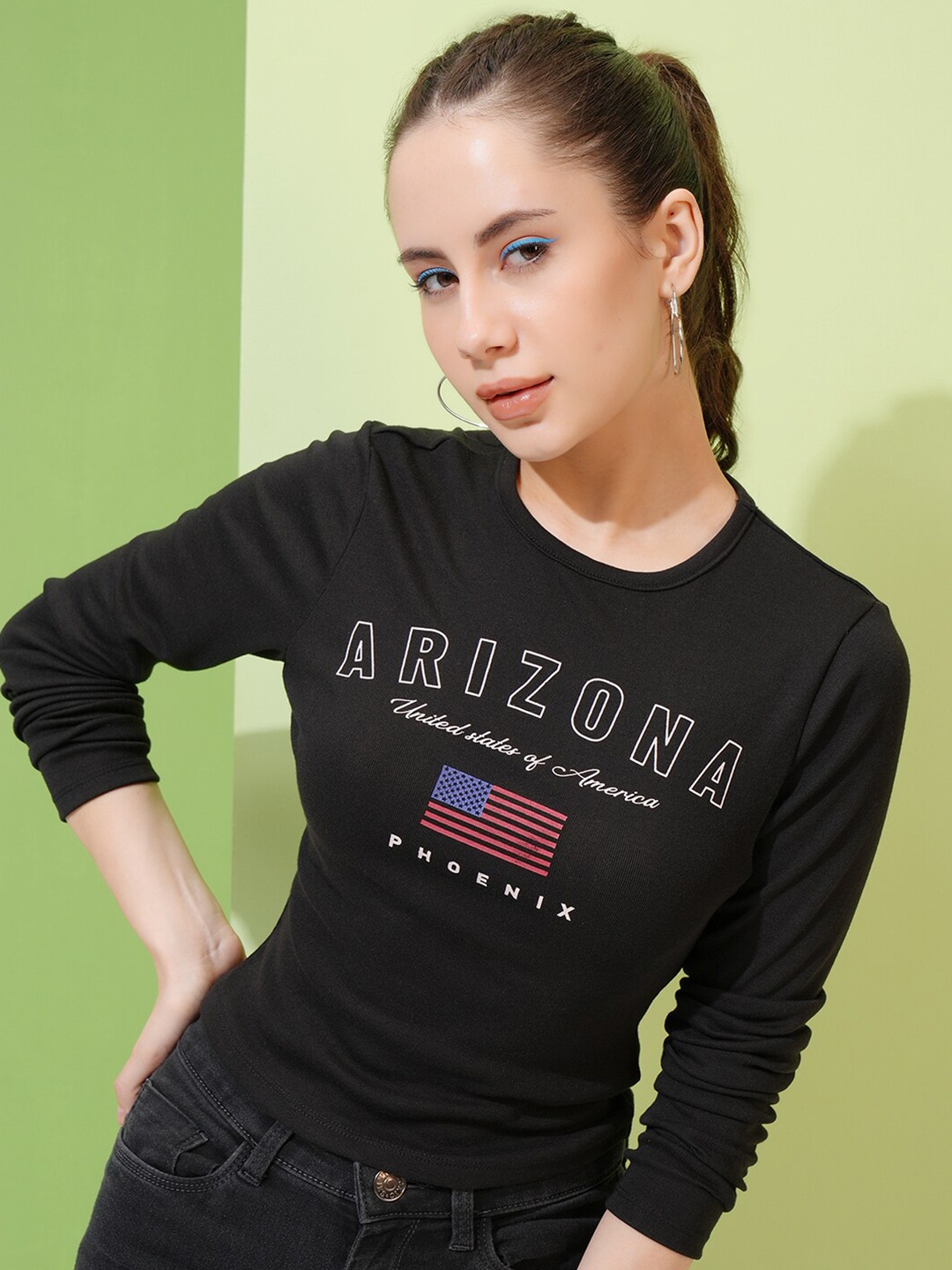 

Street By Tokyo Talkies Print Long Sleeve Round Neck Crop Top, Black