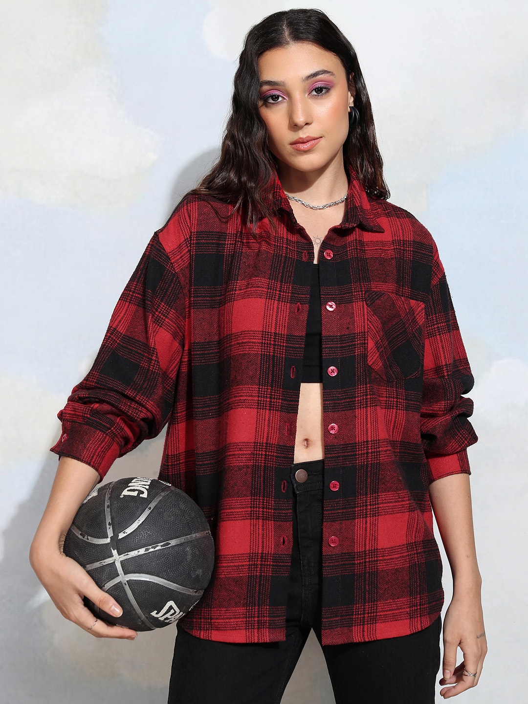 

Tokyo Talkies Women Oversized Drop Shoulder Check Shirt, Black