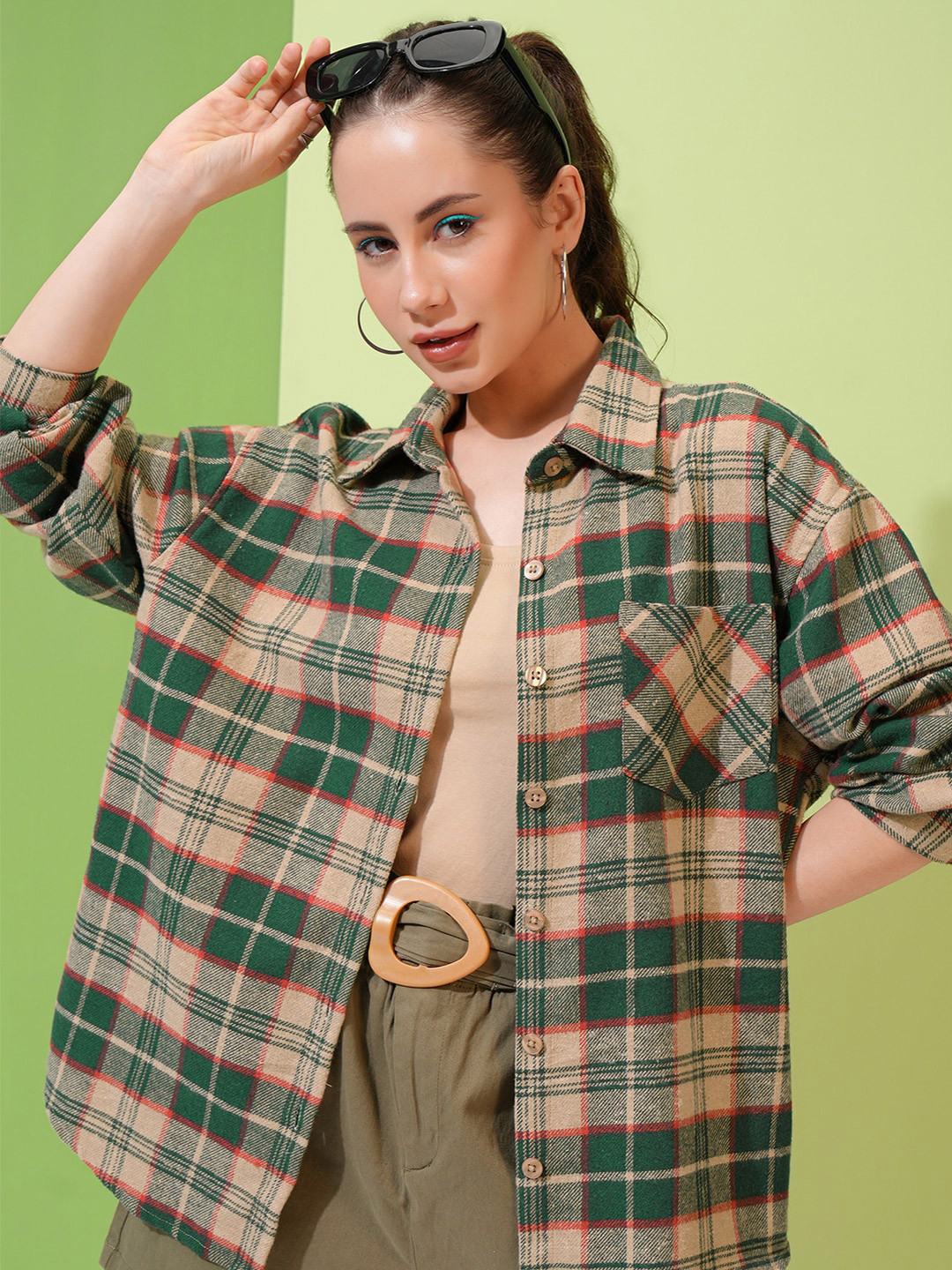 

Tokyo Talkies Beige & Green Tartan Checks Checked Oversized Shirt