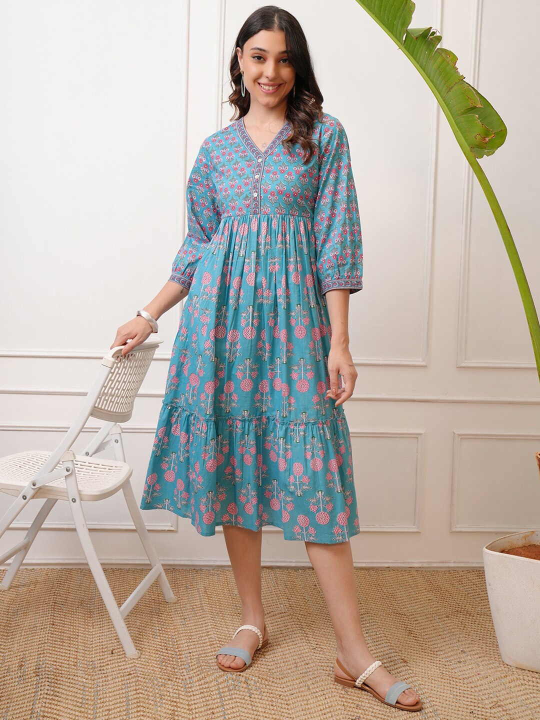 

Vishudh Blue Floral Print Fit and Flare Midi Dress