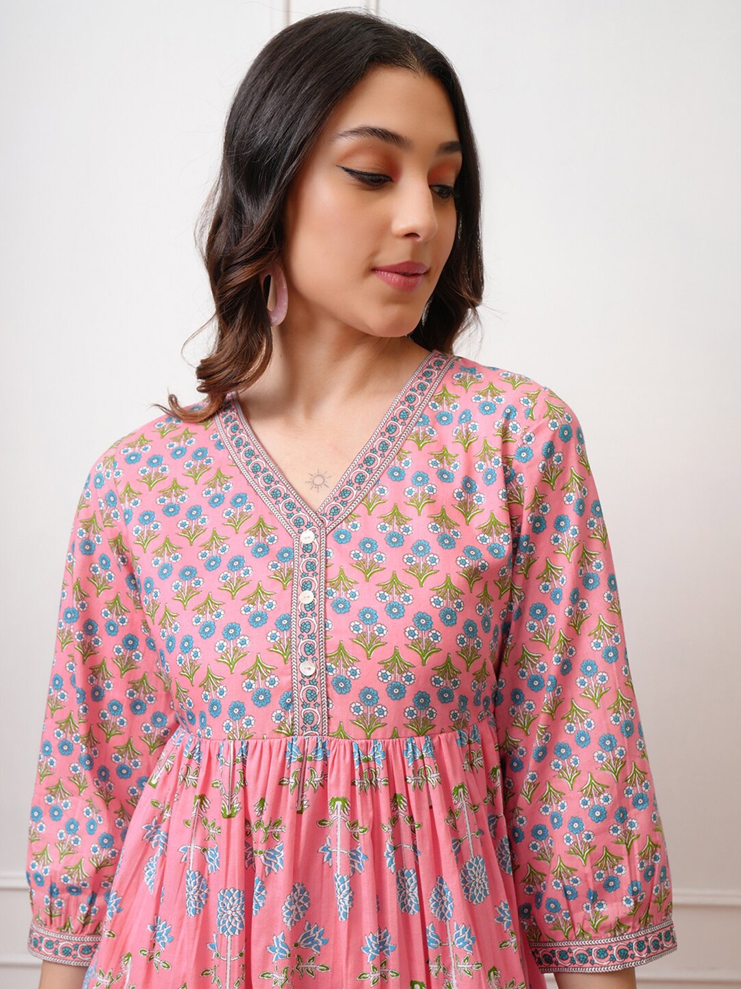 

Vishudh Floral Print Fit and Flare Midi Dress, Pink