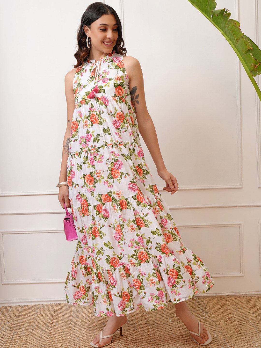 

Vishudh Floral Print Tie-Up Neck Maxi Dress, Off white