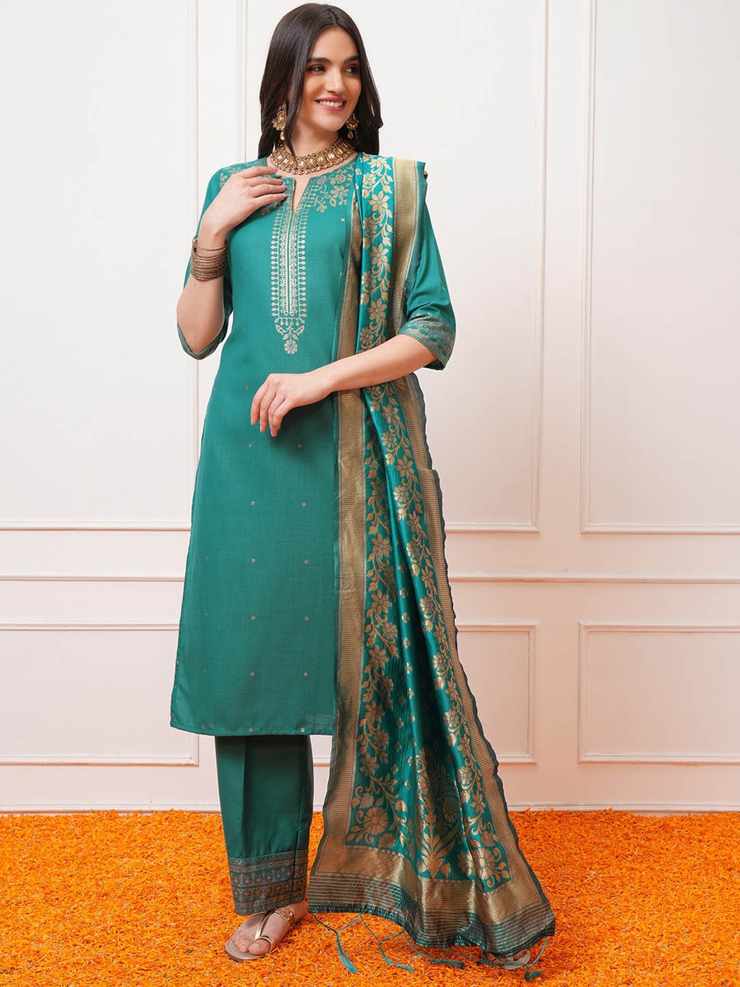 

Vishudh Green Ethnic Motifs Printed Regular Kurta with Palazzo & Dupatta