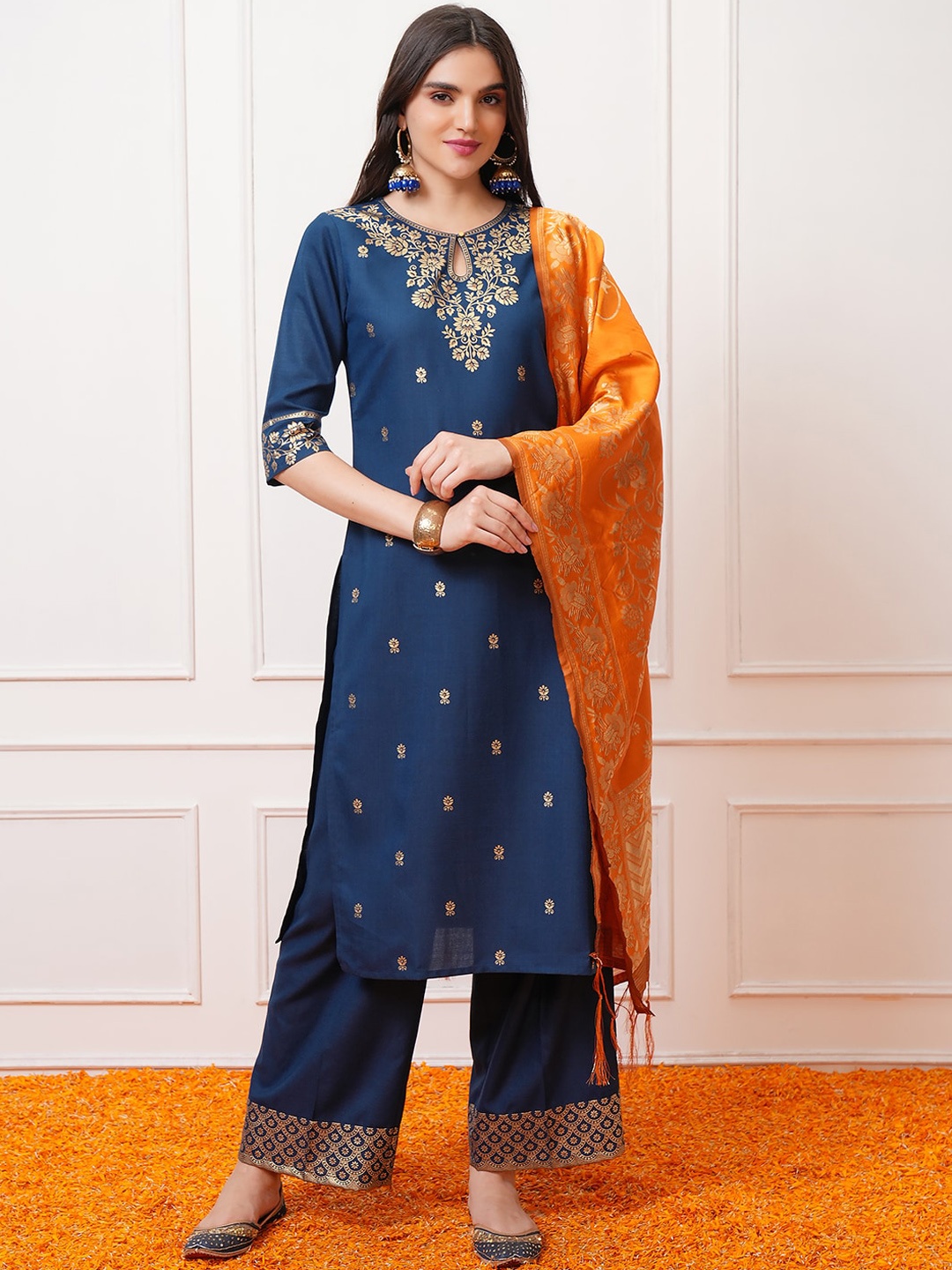 

Vishudh Teal Blue Floral Printed Regular Kurta with Palazzo & Dupatta