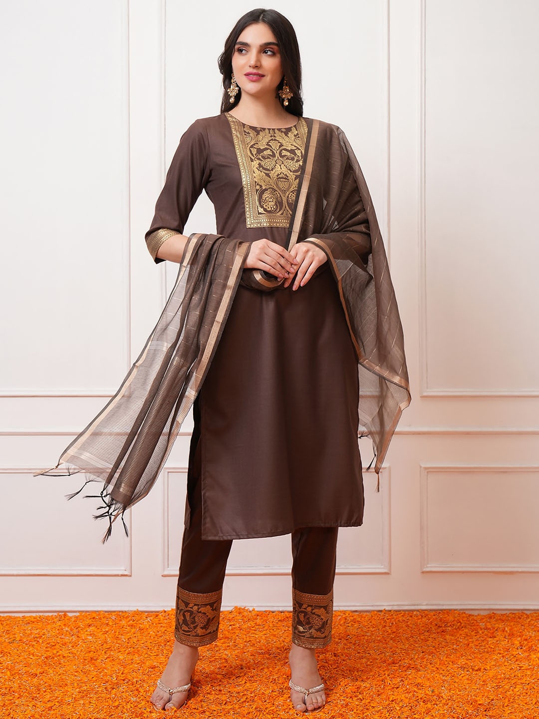 

Vishudh Taupe Ethnic Motifs Printed Regular Kurta with Trouser & Dupatta