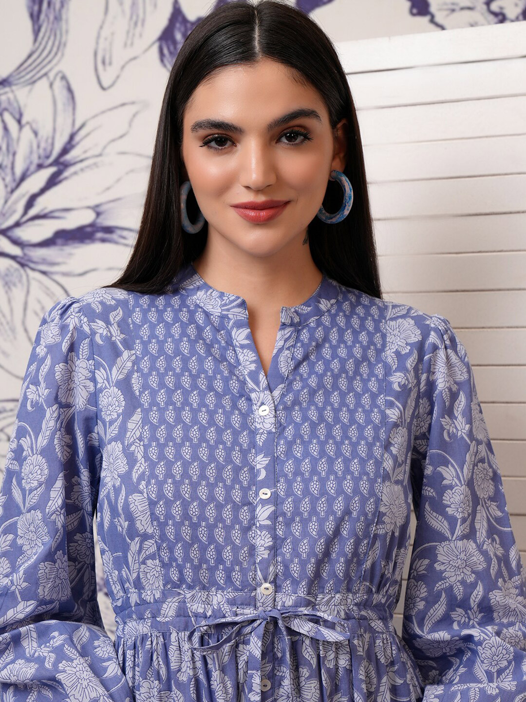 

Vishudh Blue Floral Print Puff Sleeve Fit and Flare Midi Dress