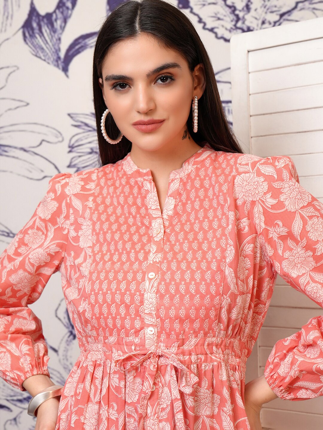 

Vishudh Floral Print Fit and Flare Midi Dress, Pink