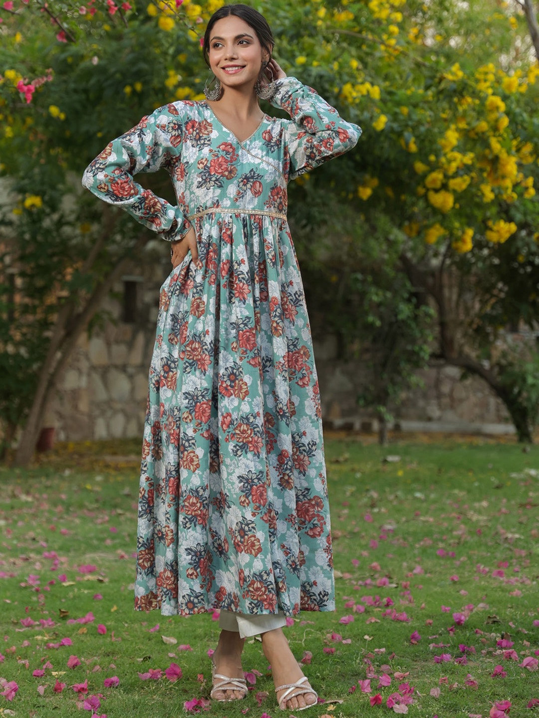 

KALINI Floral Printed Empire Pure Cotton Kurta with Trousers, Turquoise blue