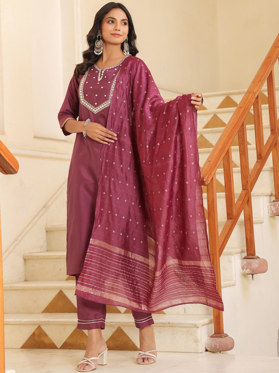 KALINI Geometric Embroidered Regular Mirror Work Kurta With Trousers & Dupatta, Mauve