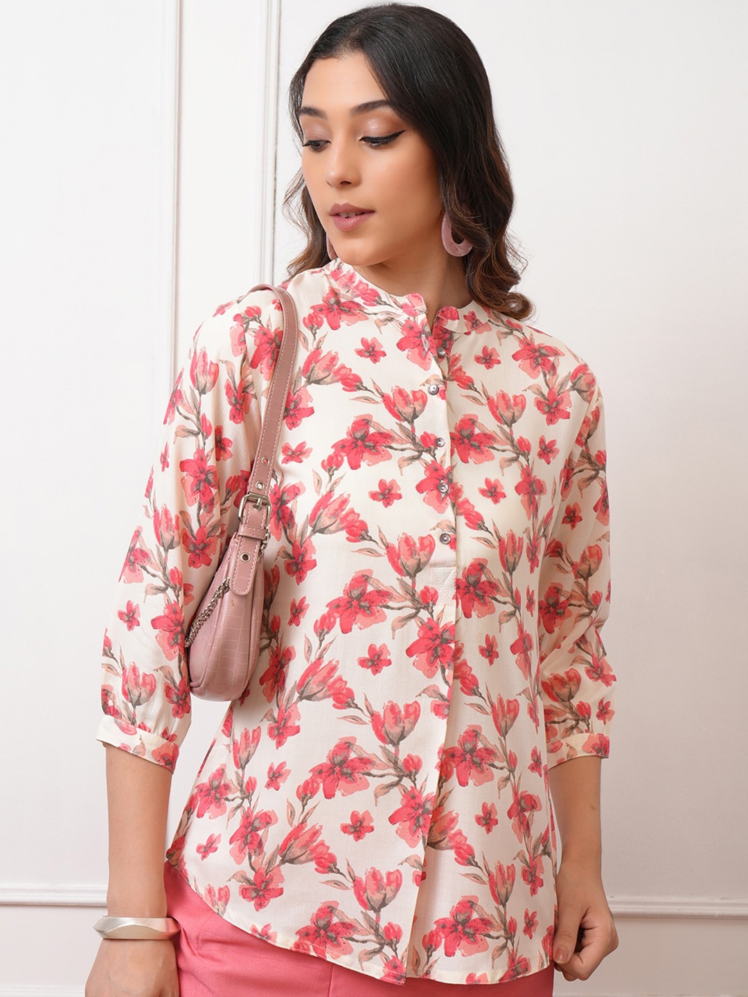 

Vishudh Pink Floral Print Mandarin Collar Shirt Style Casual Top