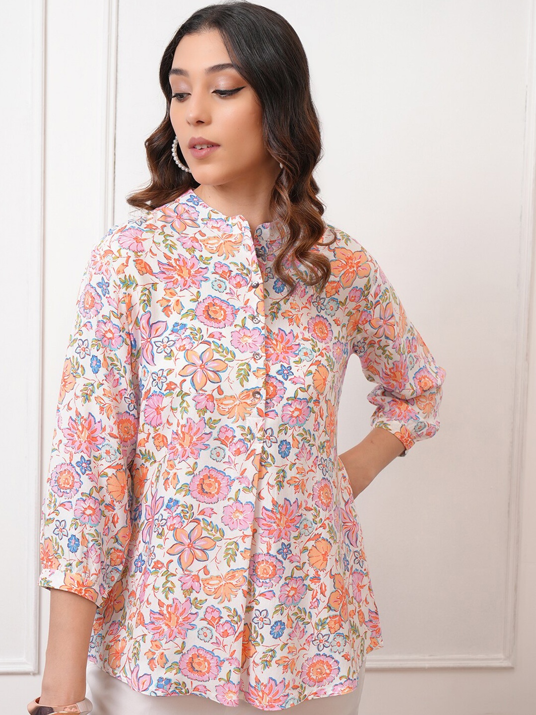 

Vishudh Floral Print Mandarin Collar Shirt Style Top, Pink