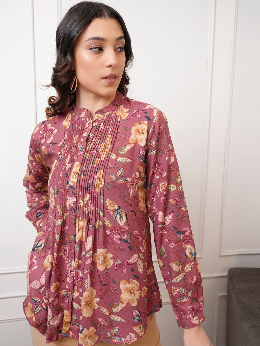 

Vishudh Brown Floral Print Mandarin Collar Shirt Style Casual Top