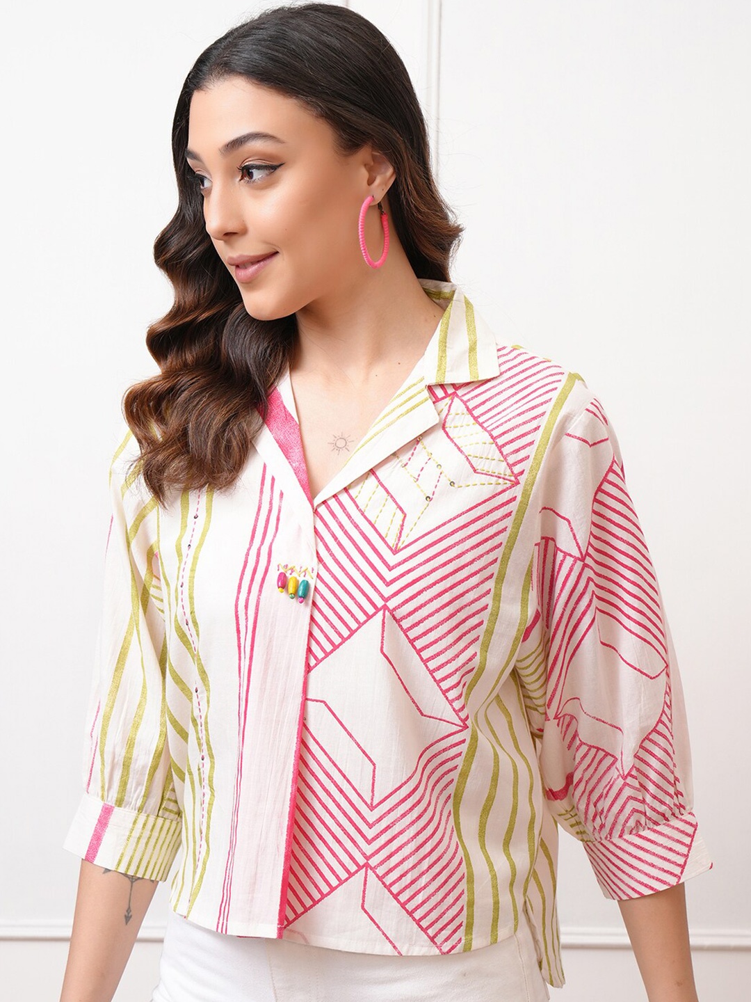

Vishudh White Striped Cotton Shirt Style Top
