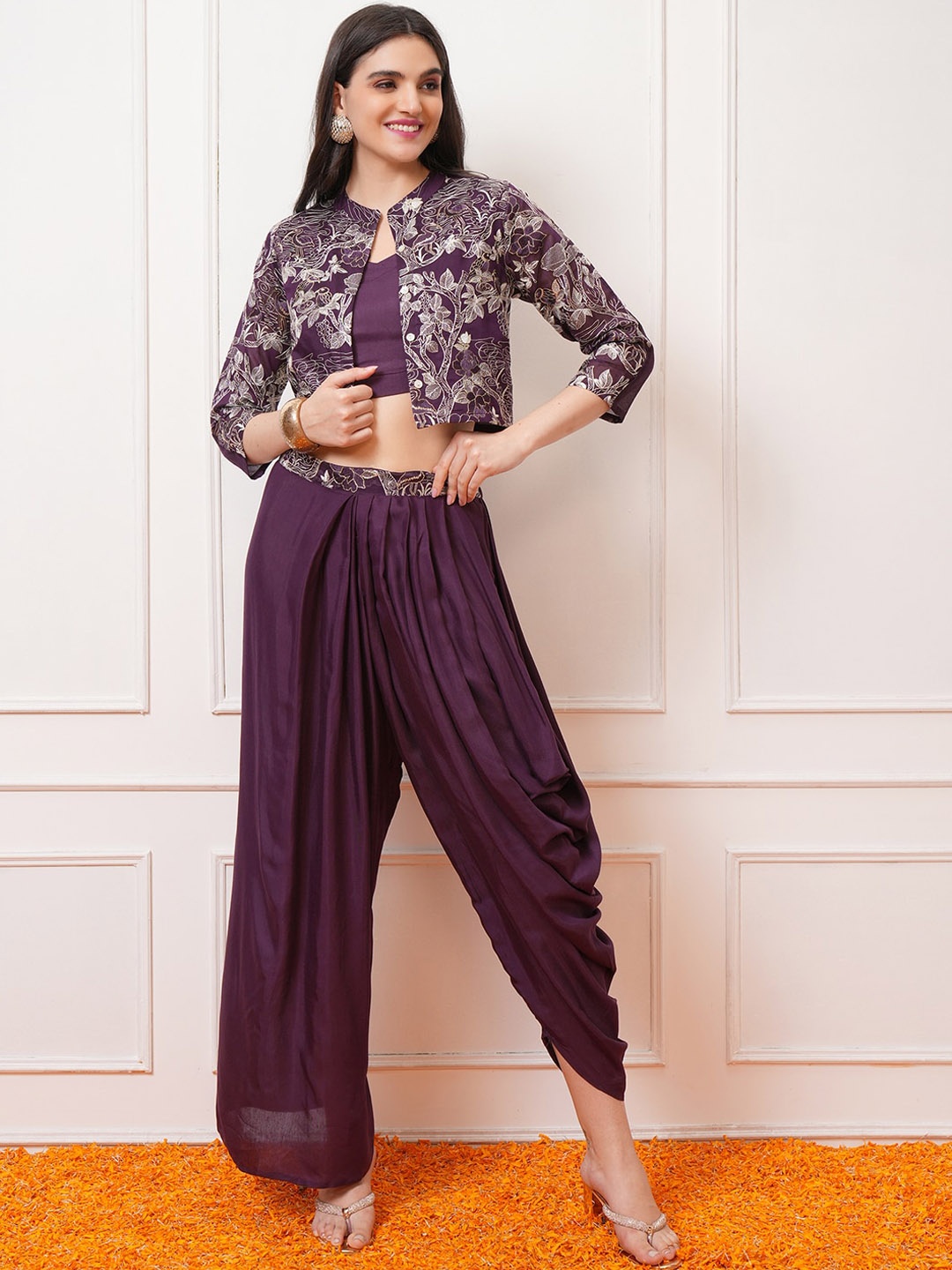 

Vishudh Purple Embroidered Ethnic Crop Top & Dhoti Pant with Jacket