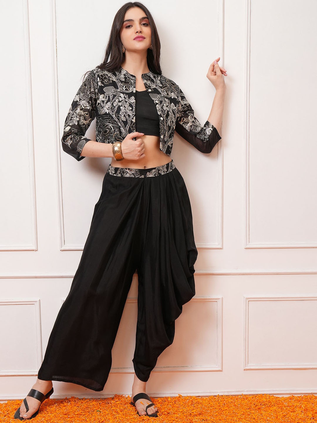 

Vishudh Black Embroidered Three Quarter Sleeve Ethnic Top And Dhoti Pant