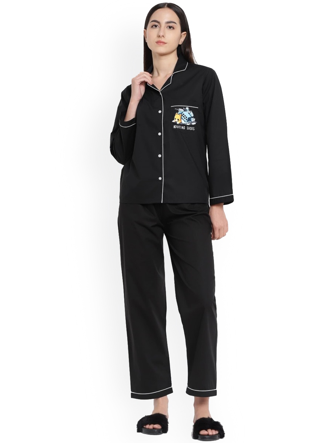 

shopbloom Graphic Printed Night suit, Black