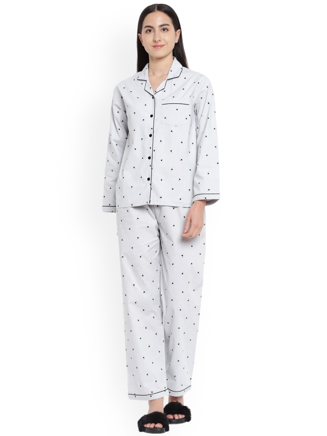 

shopbloom Abstract Printed Pure Cotton Night suit, White