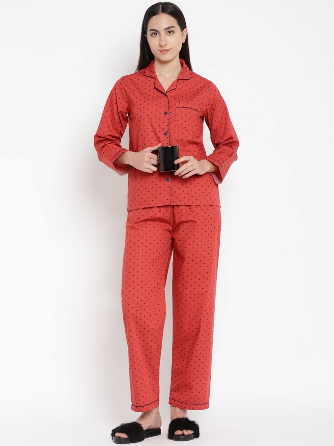 shopbloom Polka Dot Printed Pure Cotton Night suit, Orange