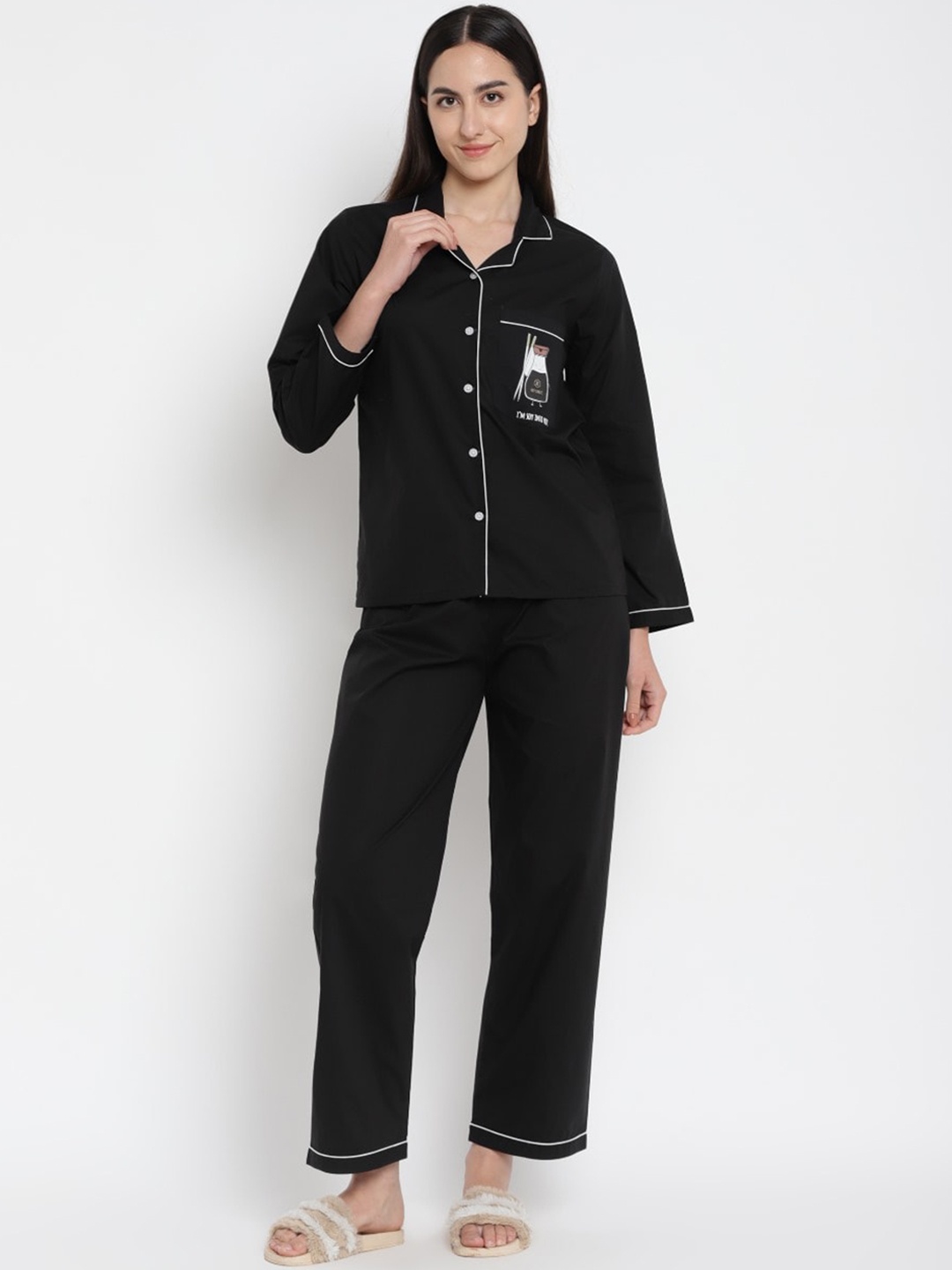 

shopbloom Graphic Printed Pure Cotton Night suit, Black