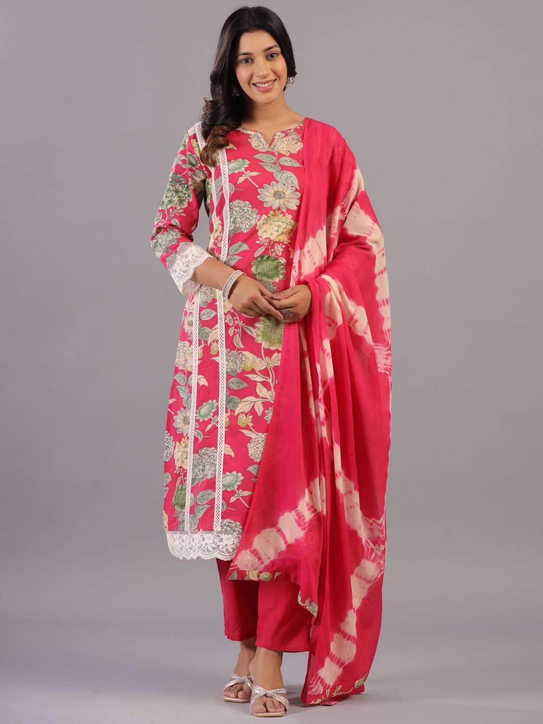 

Amchoor Floral Printed Pure Cotton Straight Kurta With Trousers & Dupatta, Magenta