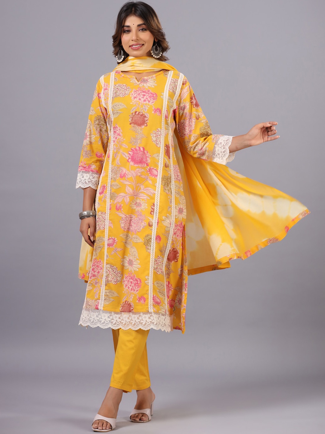 

Amchoor Floral Printed Pure Cotton Straight Kurta With Trousers & Dupatta, Mustard