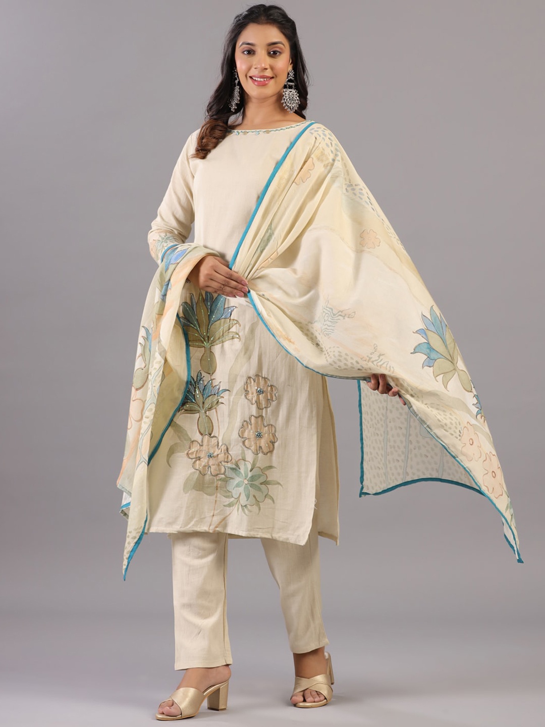 Amchoor Floral Printed Sequinned Pure Cotton Straight Kurta With Trousers & Dupatta, Beige