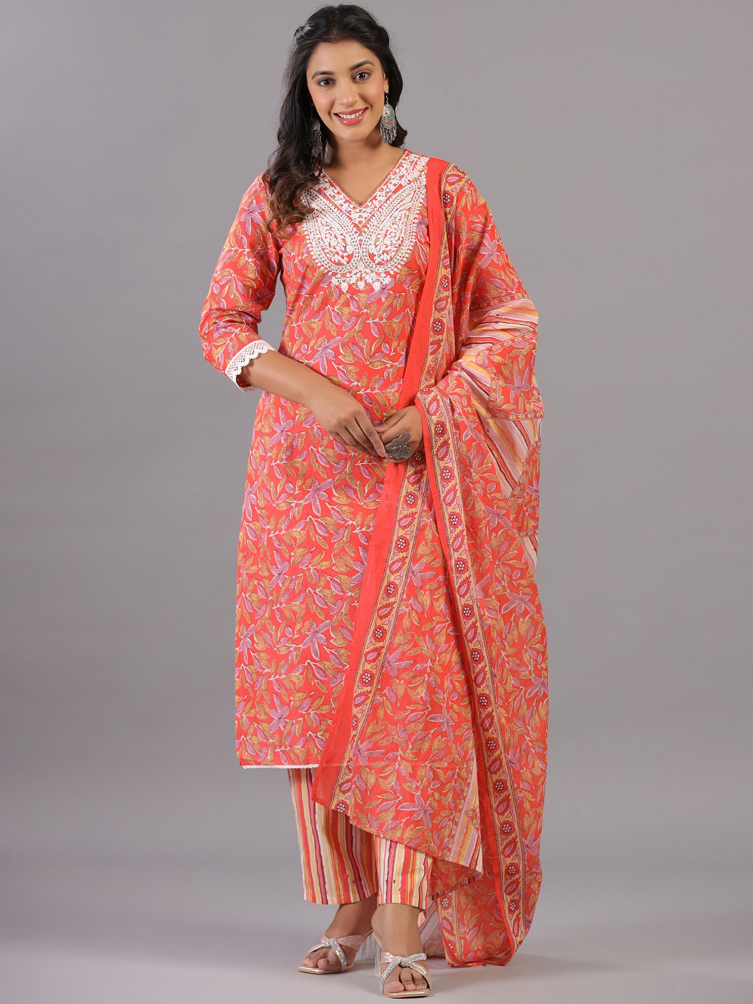 

Amchoor Floral Embroidered Pure Cotton Straight Kurta With Trousers & Dupatta, Orange