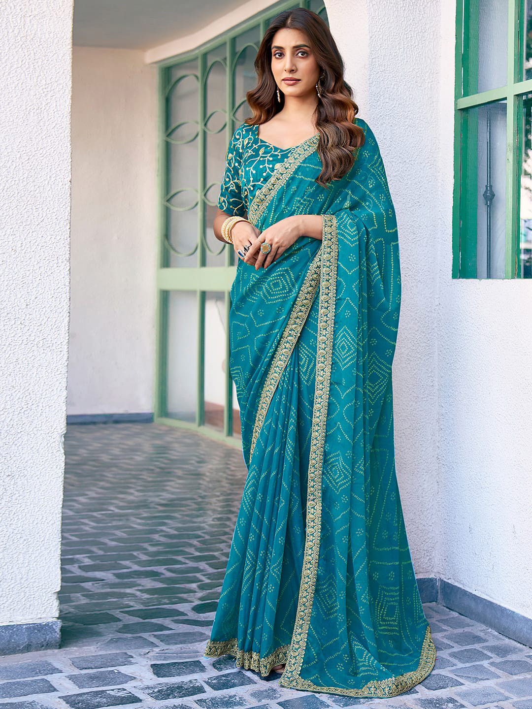 

Satrani Bandhani Zari Pure Chiffon Bandhani Saree, Teal