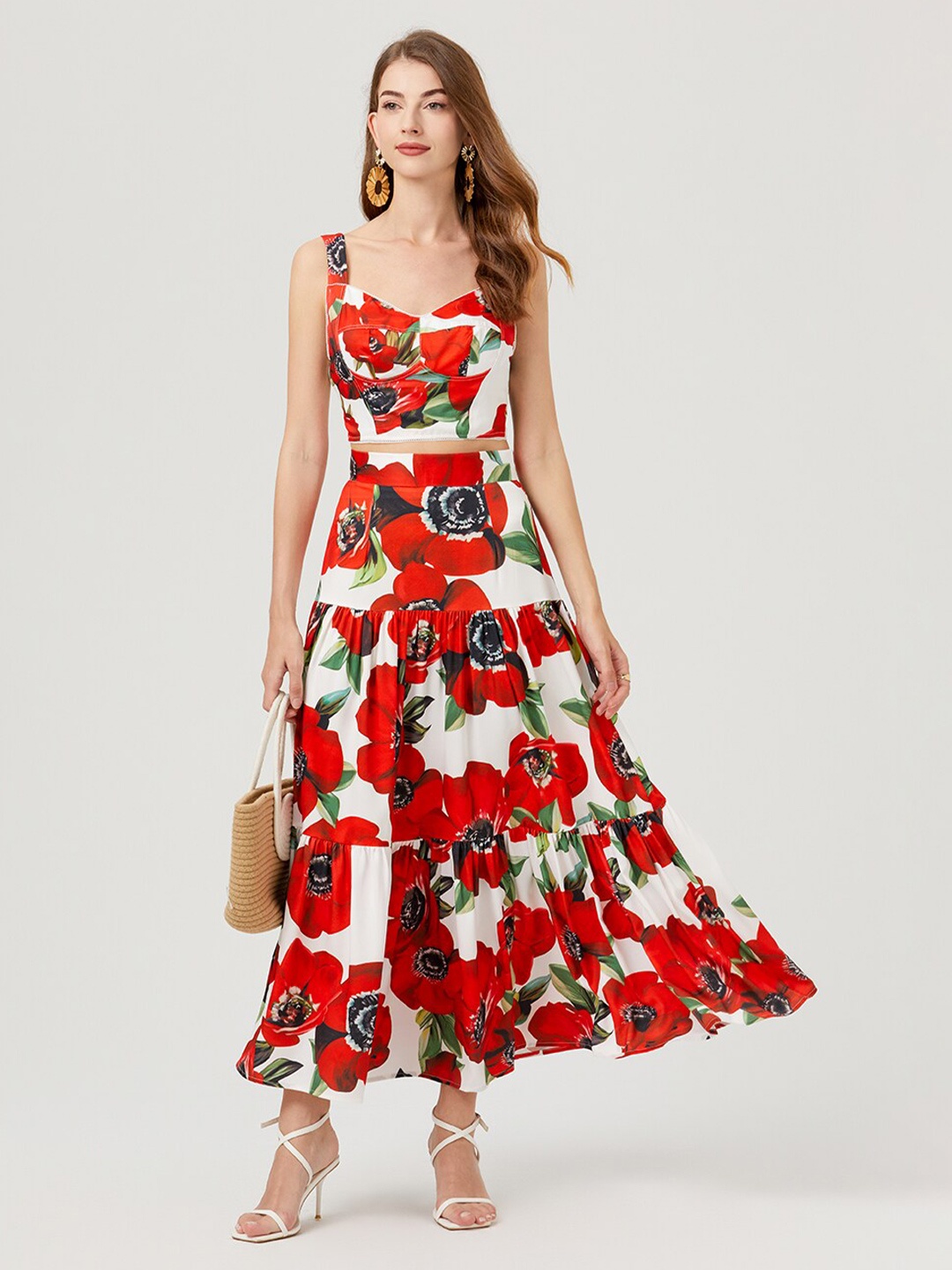 

JC Collection Floral Printed Shoulder Straps Top With Skirt Co-Ords Set, Red